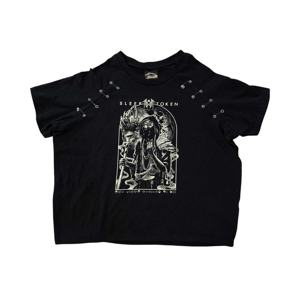 Sleep Token Graphic Baby Tee Safety Pin Shoulder Black Size XL Crop Metal Indie